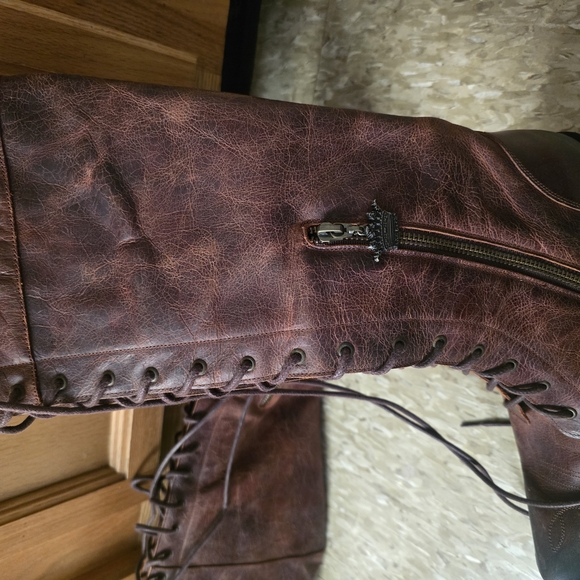Red and Brown Lace Up Boots with Distressed Leather - Picture 5 of 8